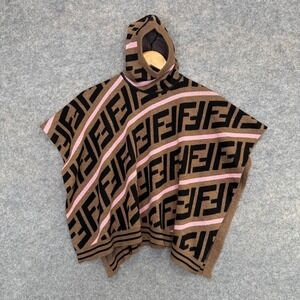 FENDI‎ KIDS Zucca FF Pattern Hooded Cape Poncho Sweater Kids 1 Wool Logo Brown